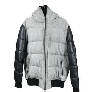 Mens Jacket Winter Puffer Hoodie Gray and Black Faux Sleeve Leather Size L